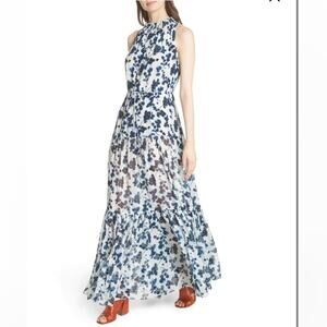 Elizabeth And James Mock Neck Blue White Print Maxi Dress Size L